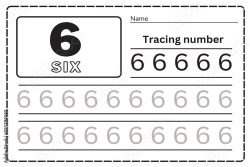 Number six tracing practice worksheet for kids learning to count and to write. Worksheet for learning numbers. Number 6. Training writes and counts numbers. Coloring exercises