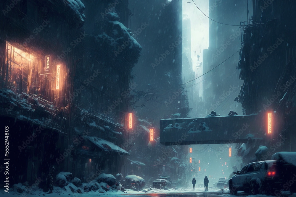 cyberpunk post-apocalyptic dystopian winter city , narrow street, neon lights, concept art, cinematic, Generative AI