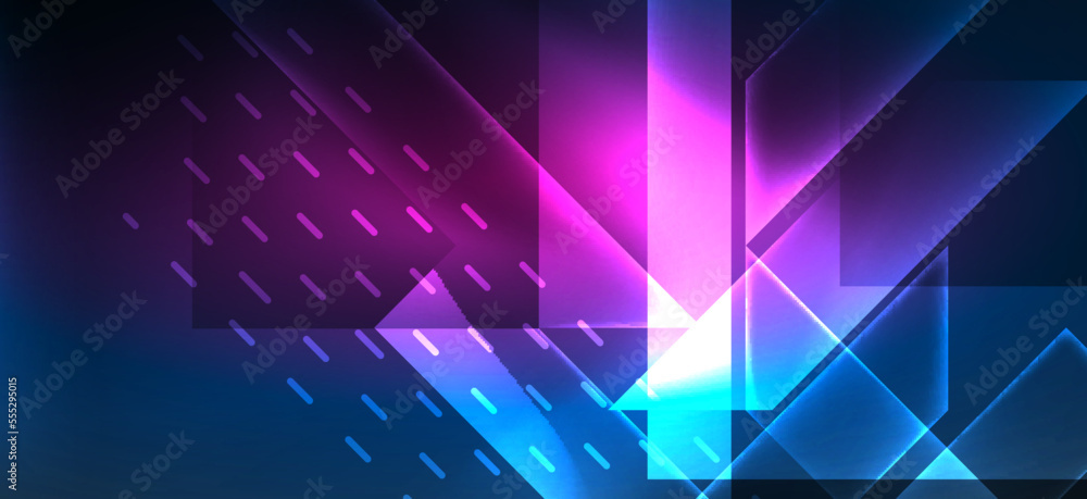 Obraz premium Background neon glowing lines and geometric shapes. Lights in the dark wallpaper for concept of AI technology, blockchain, digital, communication, 5G, science