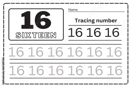 Number sixteen tracing practice worksheet for kids learning to count and to write. Worksheet for learning numbers. Number 16. Training writes and counts numbers. Coloring exercises