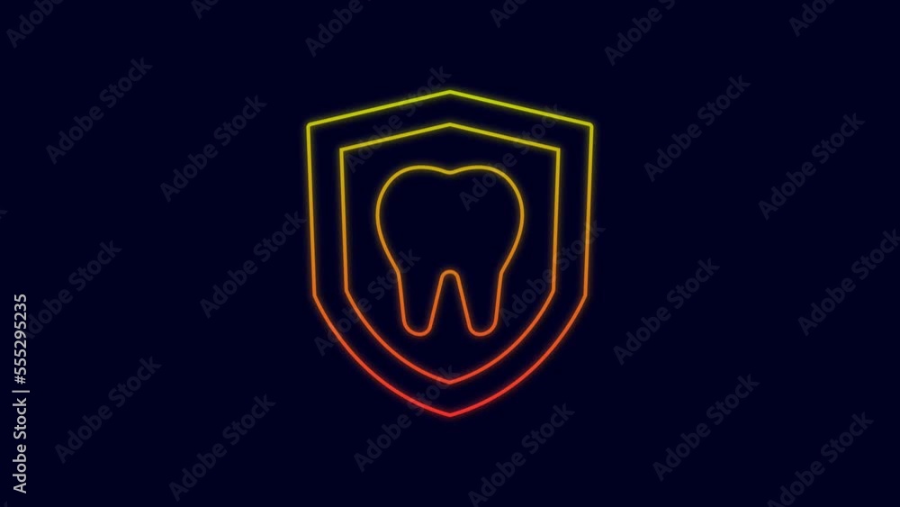 Glowing neon line Dental protection icon isolated on blue background. Tooth on shield logo. 4K Video motion graphic animation Glowing neon line Dental protection icon isolated on blue background. Tooth on shield logo. 4K Video motion graphic animation