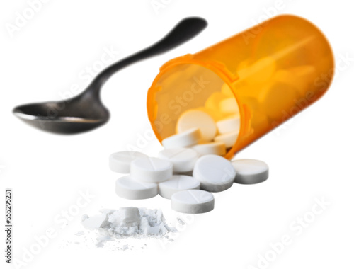Konstfotografi Medicines, supplements and drugs in a bottle with spoon