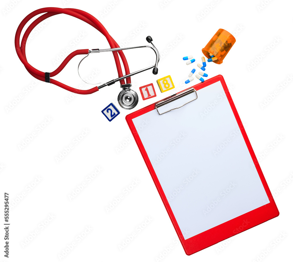 Medical stethoscope and blank paper with tablets Medical stethoscope and blank paper with tablets