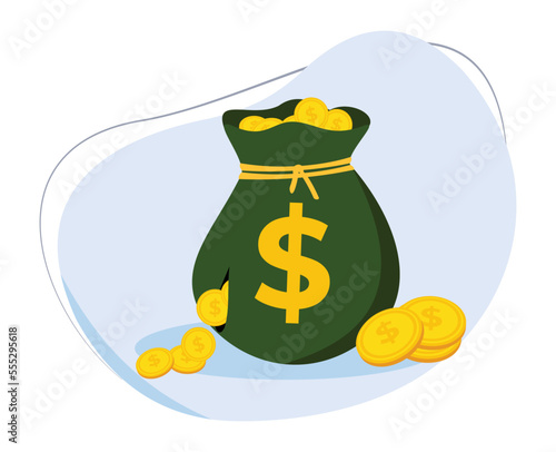 leaky bag of gold coins. wrong investment. leaking savings. depleted savings flat design vector illustration
