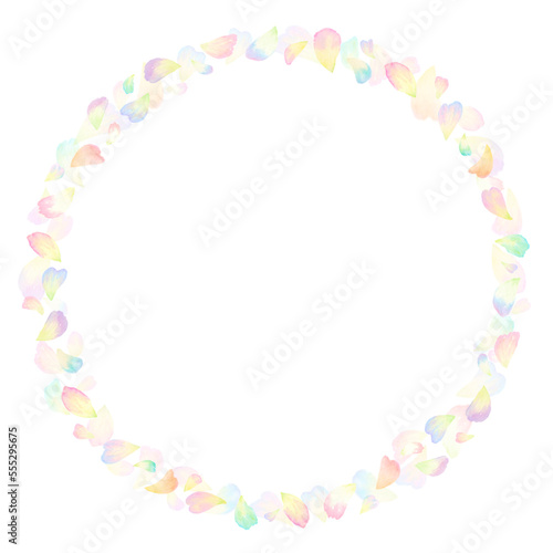 パステルカラーの花びらの丸いフレーム。カラフルでかわいい水彩イラスト素材。 © Aomi.art
