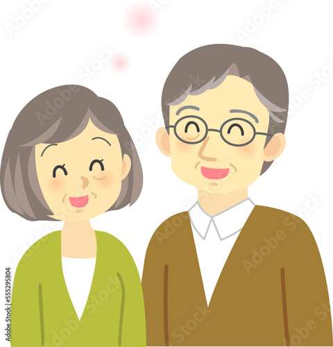 イラスト素材:老夫婦が向かい合って寄り添い微笑み合うほのぼのとした場面（透過背景） 