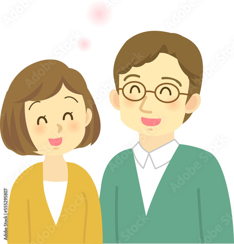 イラスト素材:若夫婦が向かい合って寄り添い微笑み合うほのぼのとした場面（透過背景）
