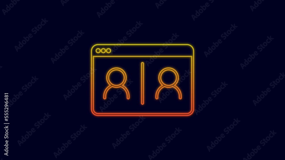 Glowing neon line Video chat conference icon isolated on blue background. Online meeting work form home. Remote project management. 4K Video motion graphic animation Glowing neon line Video chat conference icon isolated on blue background. Online meeting work form home. Remote project management. 4K Video motion graphic animation