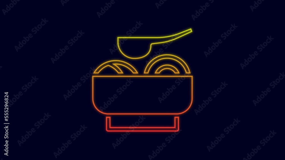 Glowing neon line Ramen soup bowl with noodles icon isolated on blue background. Bowl of traditional asian noodle soup. 4K Video motion graphic animation Glowing neon line Ramen soup bowl with noodles icon isolated on blue background. Bowl of traditional asian noodle soup. 4K Video motion graphic animation