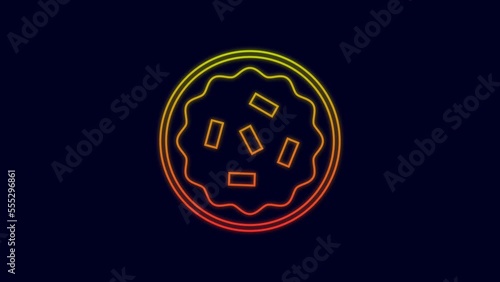 Glowing neon line Homemade pie icon isolated on blue background. 4K Video motion graphic animation