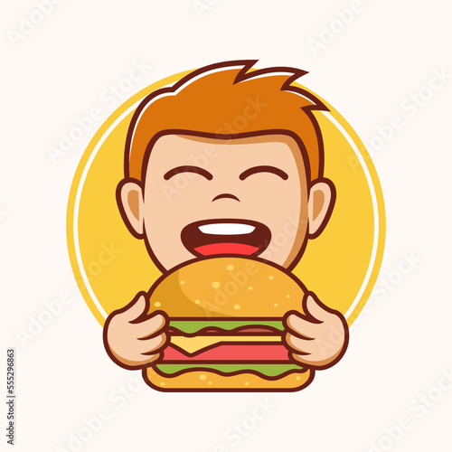 Cartoon boy eating burger, burger logo template