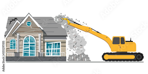 Demolition of a building. Destruction of the house with the help of an excavator. Dismantling of an old building Isolated on a white background Vector illustration.