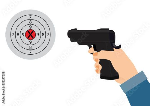 Shooting range. Shooting with a gun. Measuring to a paper target on the shooting range isolated vector illustration.