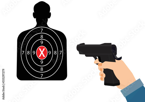 Shooting with a gun. Measuring to a paper target on the shooting range. Shooting range, vector illustration.