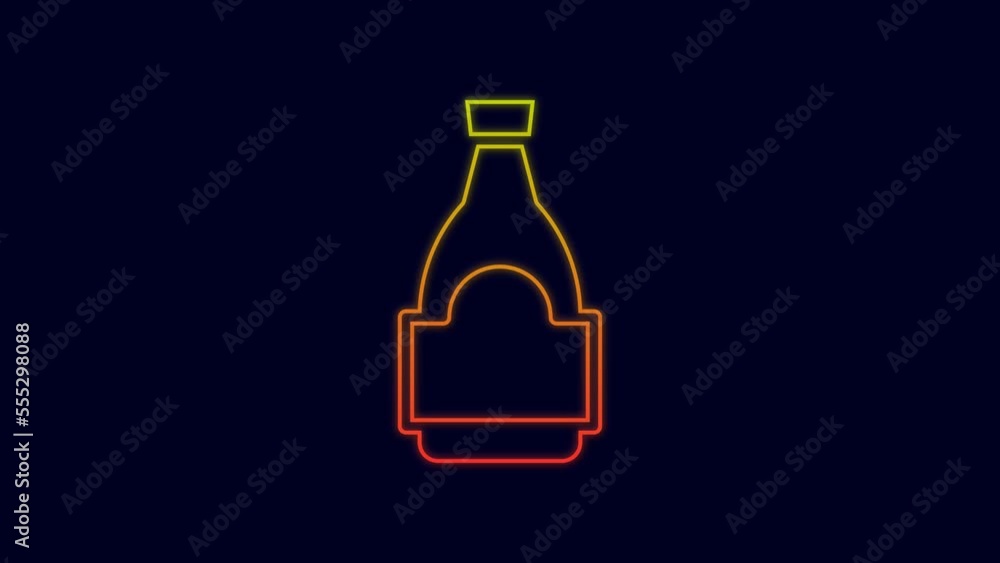Glowing neon line Soy sauce bottle icon isolated on blue background. 4K Video motion graphic animation Glowing neon line Soy sauce bottle icon isolated on blue background. 4K Video motion graphic animation
