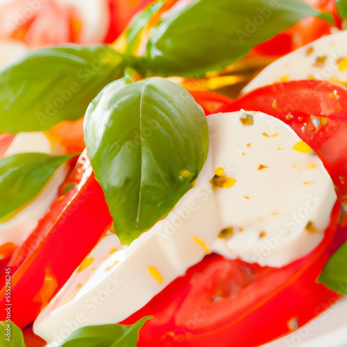 Close up of caprese salad with fresh mozzarella, ripe tomatoes, basil and olive oil on a plate. Italian cuisine. Generative AI 