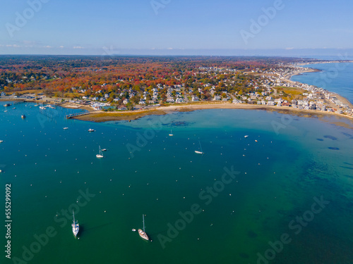 Scituate Harbor aerial view and historic town center in fall in town of Scituate, Massachusetts MA, USA. 