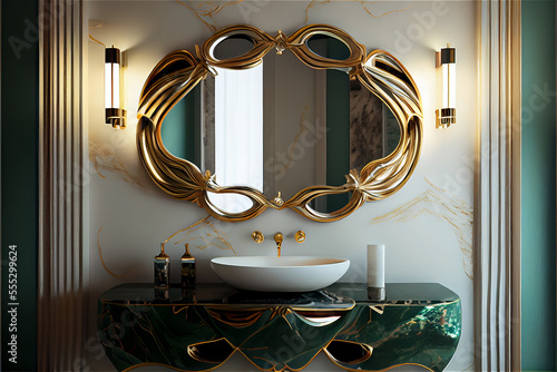 luxurious restroom with ornate mirror and washbasin in a palace background