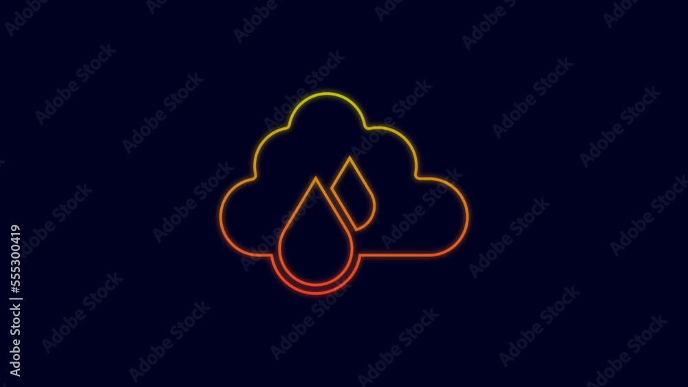 Glowing neon line Cloud with rain icon isolated on blue background. Rain cloud precipitation with rain drops. 4K Video motion graphic animation Glowing neon line Cloud with rain icon isolated on blue background. Rain cloud precipitation with rain drops. 4K Video motion graphic animation