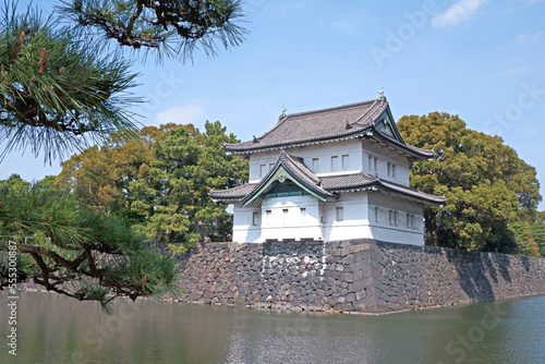 The Japanese castle with river and pine tree in springtime