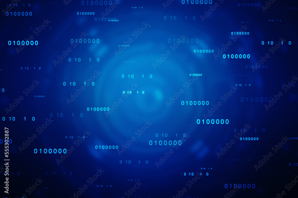 Binary Code Background, Digital Abstract technology background, flowing number one and zero text in binary code format in technology background. Internet Big data Concept