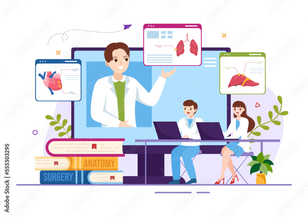 Medical School with Students Listening to Doctor Lecture and Learning Science in Classroom in Flat Cartoon Hand Drawn Template Illustration