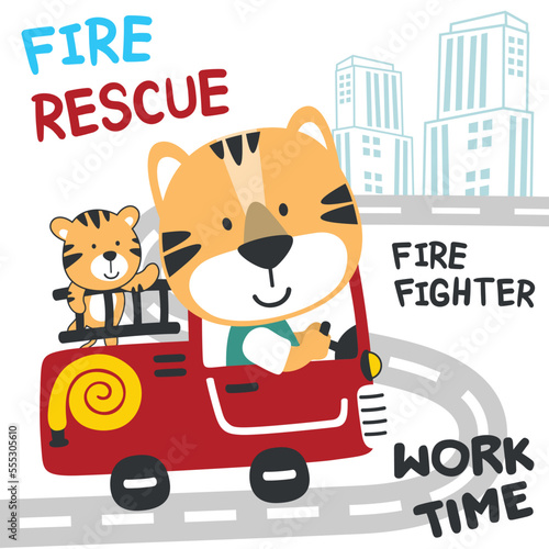 Vector illustration of funny bear firefighter on fire truck. Creative vector childish background for fabric, textile, nursery wallpaper, card, poster and other decoration