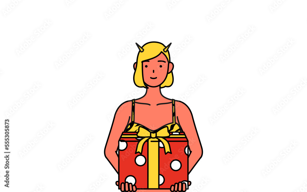 プレゼントの箱を持つトラ柄ビキニ姿の赤鬼の女性、伝統行事、節分