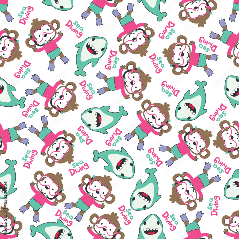 Seamless pattern texture with little monkey and shark swim in underwater. For fabric textile, nursery, baby clothes, background, textile, wrapping paper and other decoration.