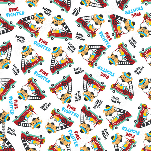 Seamless pattern of fire fighter car with tiger fire fighter animal cartoon. Creative vector childish background for fabric, textile, nursery wallpaper, card, poster and other decoration.