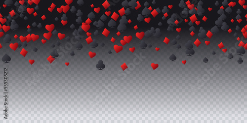 Playing card suit symbols icons. Seamless pattern with falling red, black suits for playing cards on black transparent. Vector illustration for casino, game design, advertising, ads of parties