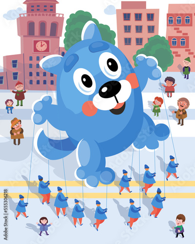 Cute balloon dog and people in uniform at the parade. Holiday, carnival. Cartoon character vector illustration. Scene for design.