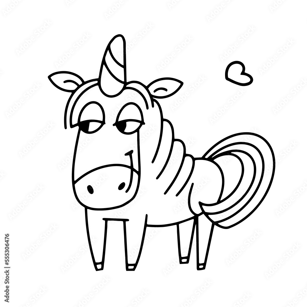 Cute isolated unicorn in black outline on white background for design. Animal horse, pony, character for posters, postcards. Vector illustration.