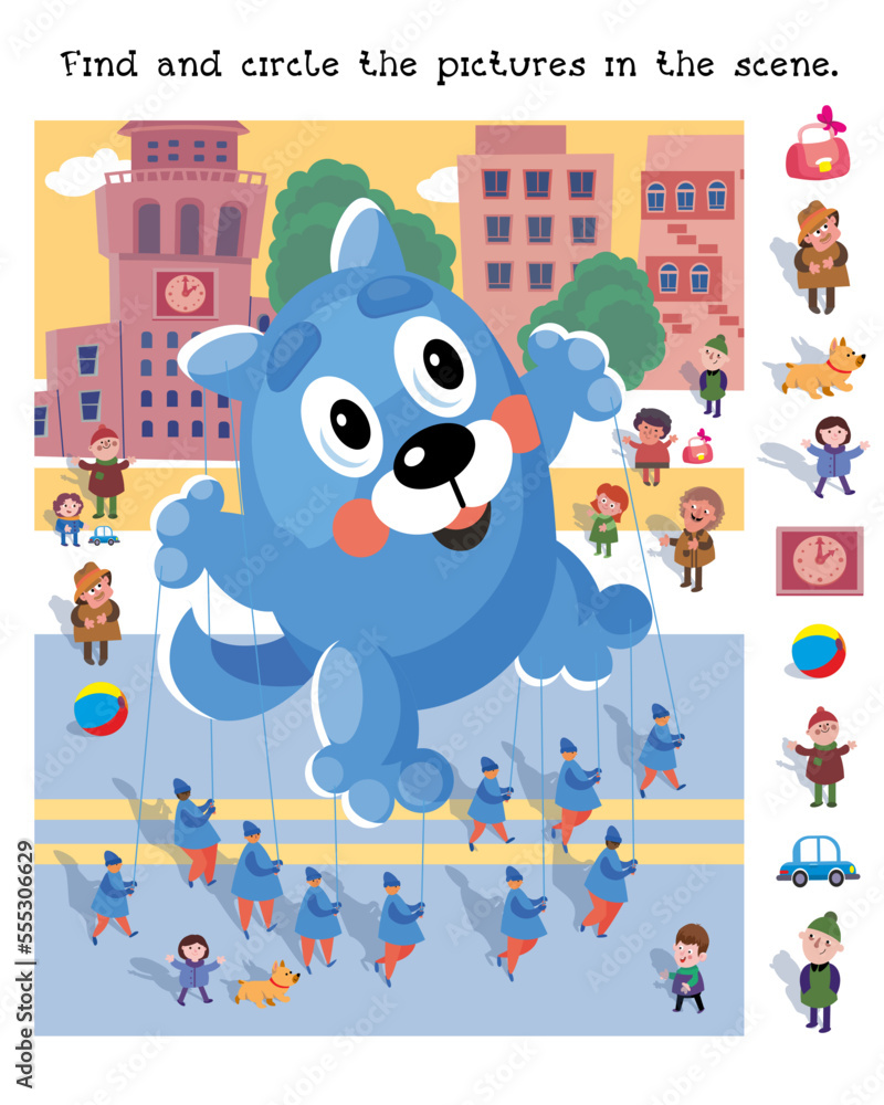 Find and circle objects. Puzzle game for children. Cute balloon dog and ...
