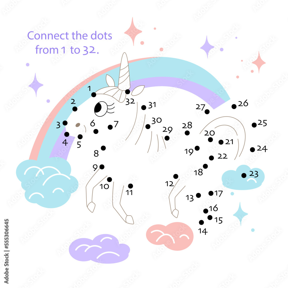 Connect the dots from 1 to 32. An educational puzzle. Cute unicorn and rainbow for children. Animal horse, pony, cartoon style character. Vector illustration.