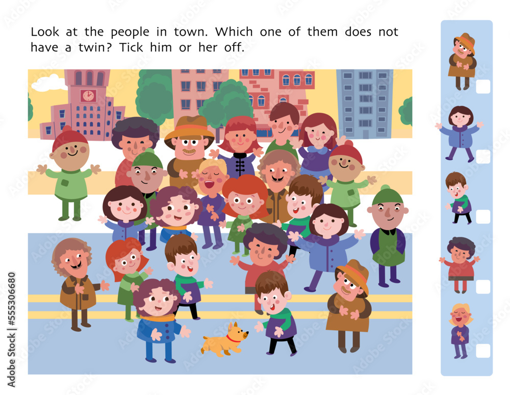 Crowd of happy people. Find differences. Educational game for children. Cartoon style puzzle