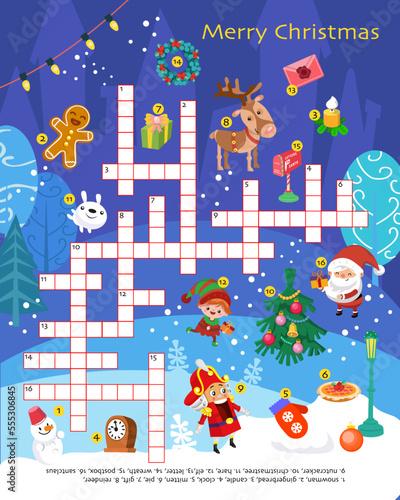 Christmas crossword puzzle. Game for children. Set of winter holiday objects. Printable worksheet for kids. Vector illustration.