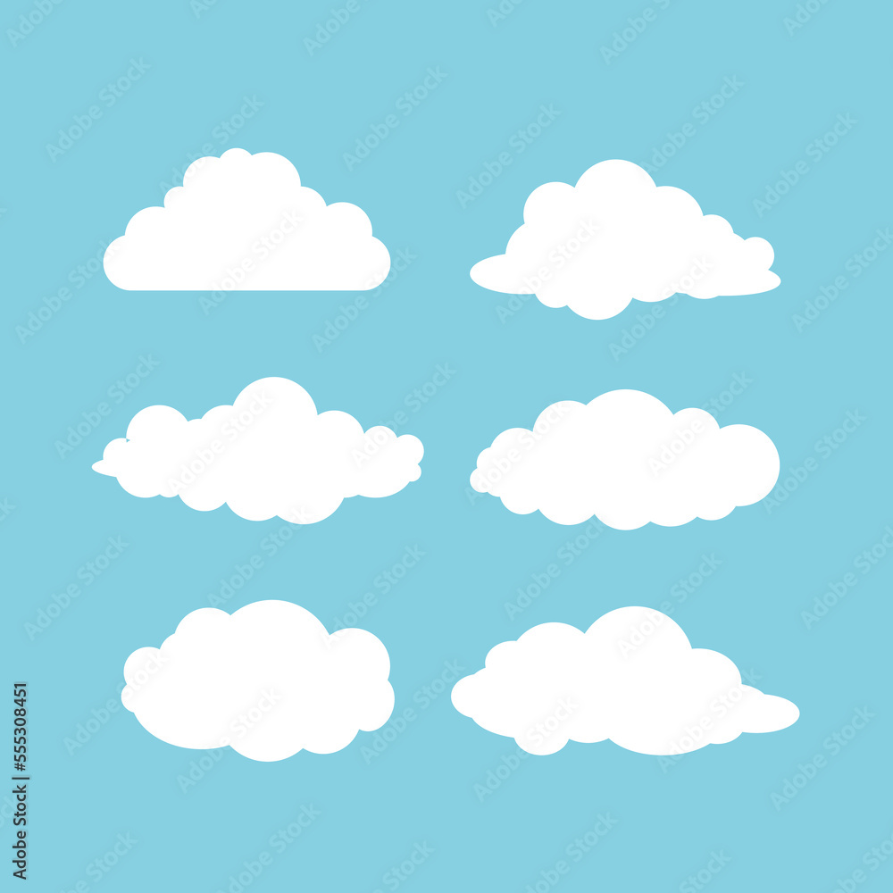 Set of different clouds on blue background.