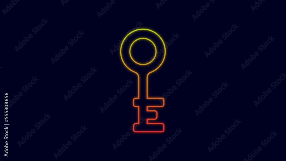 Glowing neon line Old key icon isolated on blue background. 4K Video motion graphic animation Glowing neon line Old key icon isolated on blue background. 4K Video motion graphic animation