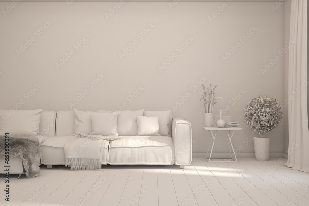 Mock up of minimalist living room in white color with sofa. Scandinavian interior design. 3D illustration Mock up of minimalist living room in white color with sofa. Scandinavian interior design. 3D illustration