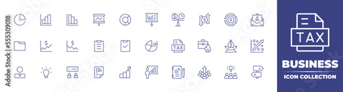 Business line icon collection. Editable stroke. Vector illustration. Containing pie chart, bar chart, presentation, donut chart, budget, exchange, asset, cv, folder, stock market, clipboard, and more.