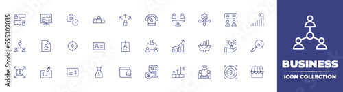 Business line icon collection. Editable stroke. Vector illustration. Containing communication, data analysis, working hours, team, oportunity, speedometer, usp, directions, consultant, and more. photo