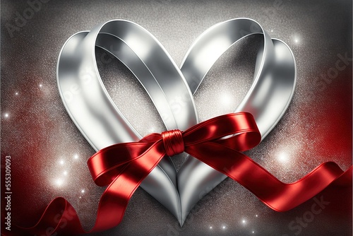  a silver heart with a red ribbon on a gray background with a red bow on it and a sparkley background. Generative AI photo