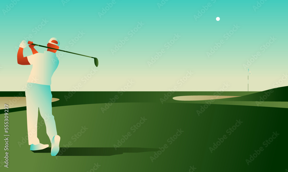 Golfclub competition poster. Template for golf competition or championship event. Blue sky and green golf field.