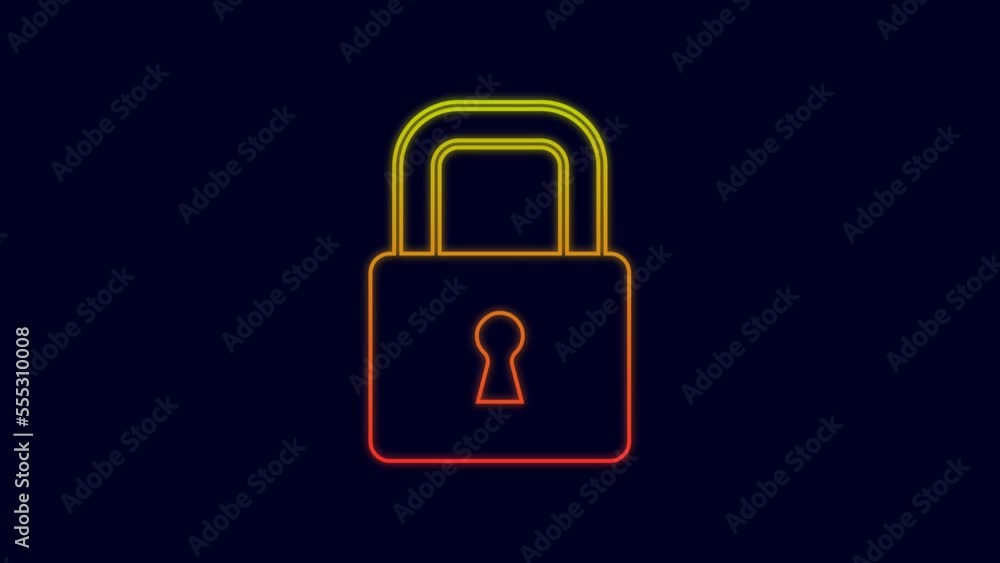 Glowing neon line Lock icon isolated on blue background. Padlock sign. Security, safety, protection, privacy concept. 4K Video motion graphic animation Glowing neon line Lock icon isolated on blue background. Padlock sign. Security, safety, protection, privacy concept. 4K Video motion graphic animation