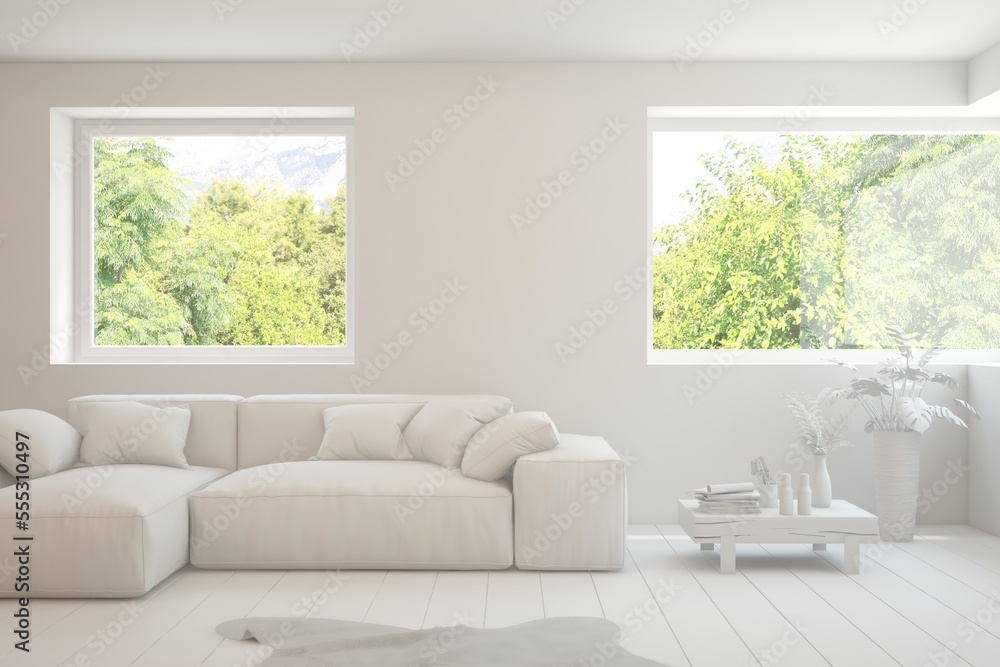 Fototapeta premium Mock up of stylish room in white color with sofa and green landscape in window. Scandinavian interior design. 3D illustration