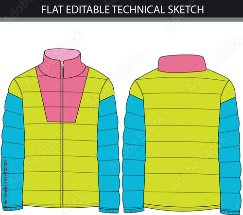 Long sleeve with stand-up collar colour blocks long zipper jacket fashion Flat Sketch technical drawing template front and back views. Free Vector photo