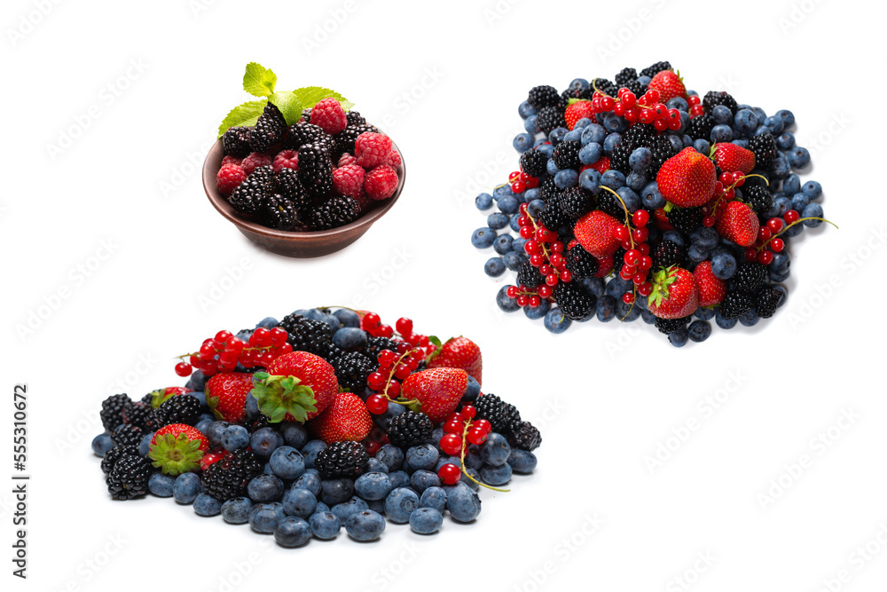 Blackberry, raspberry, blueberry, red currant and mint background. Blackberry, raspberry, blueberry, red currant and mint background.