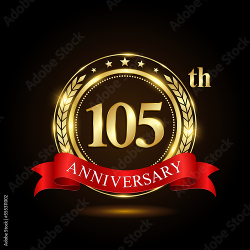105th Anniversary. Golden Anniversary Emblem Design with shiny ring and red ribbon, Laurel wrath isolated on black background. Logo Vector Illustration