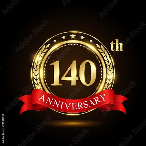 140th Anniversary. Golden Anniversary Emblem Design with shiny ring and red ribbon, Laurel wrath isolated on black background. Logo Vector Illustration